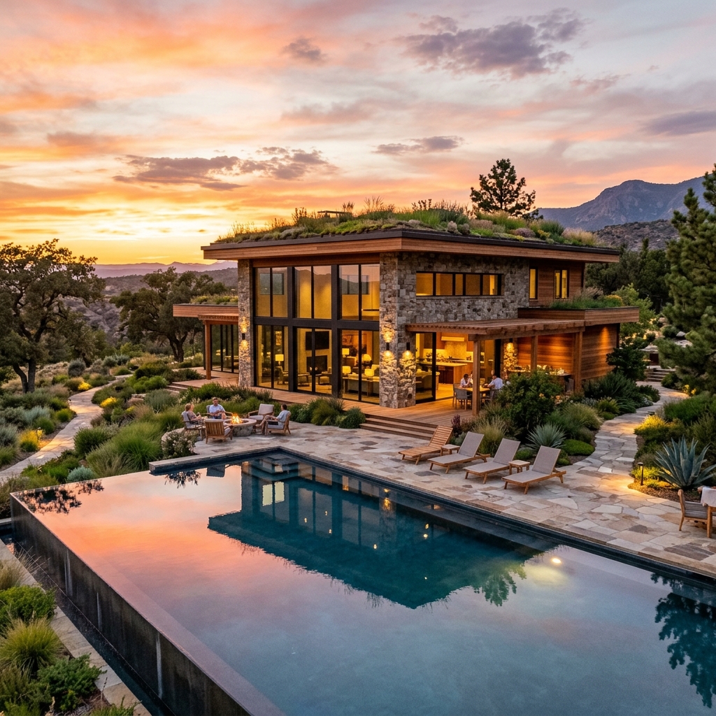 Club House moderno con fachada de piedra y vidrio al atardecer
