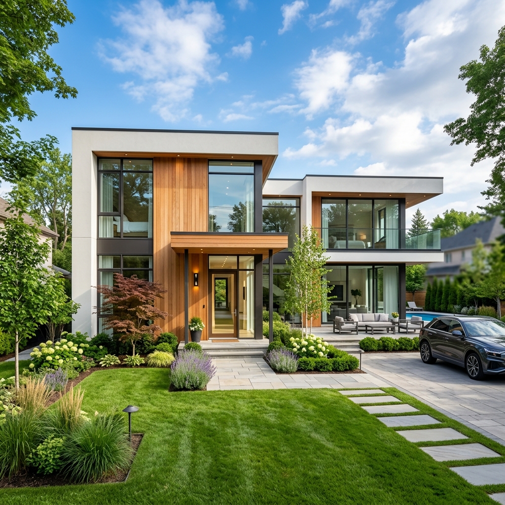 Casa de lujo moderna con fachada de madera y blanco en Beverly Hills