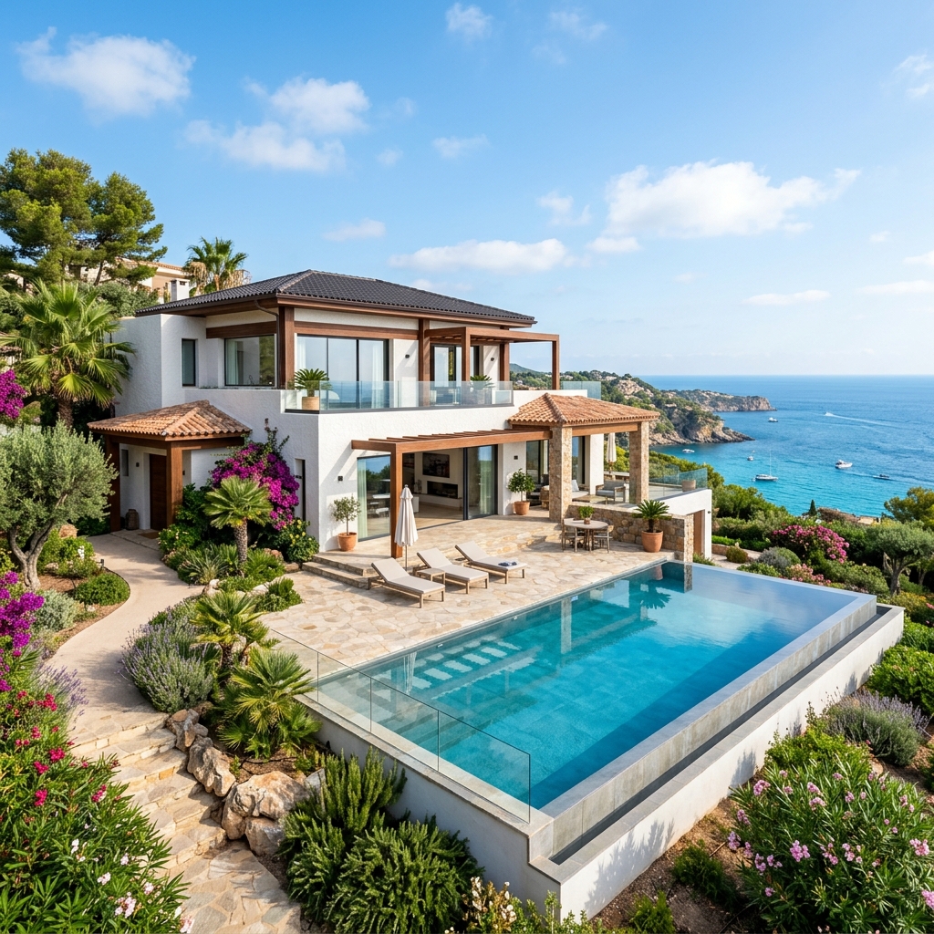 Villa mediterránea con piscina y jardín frondoso