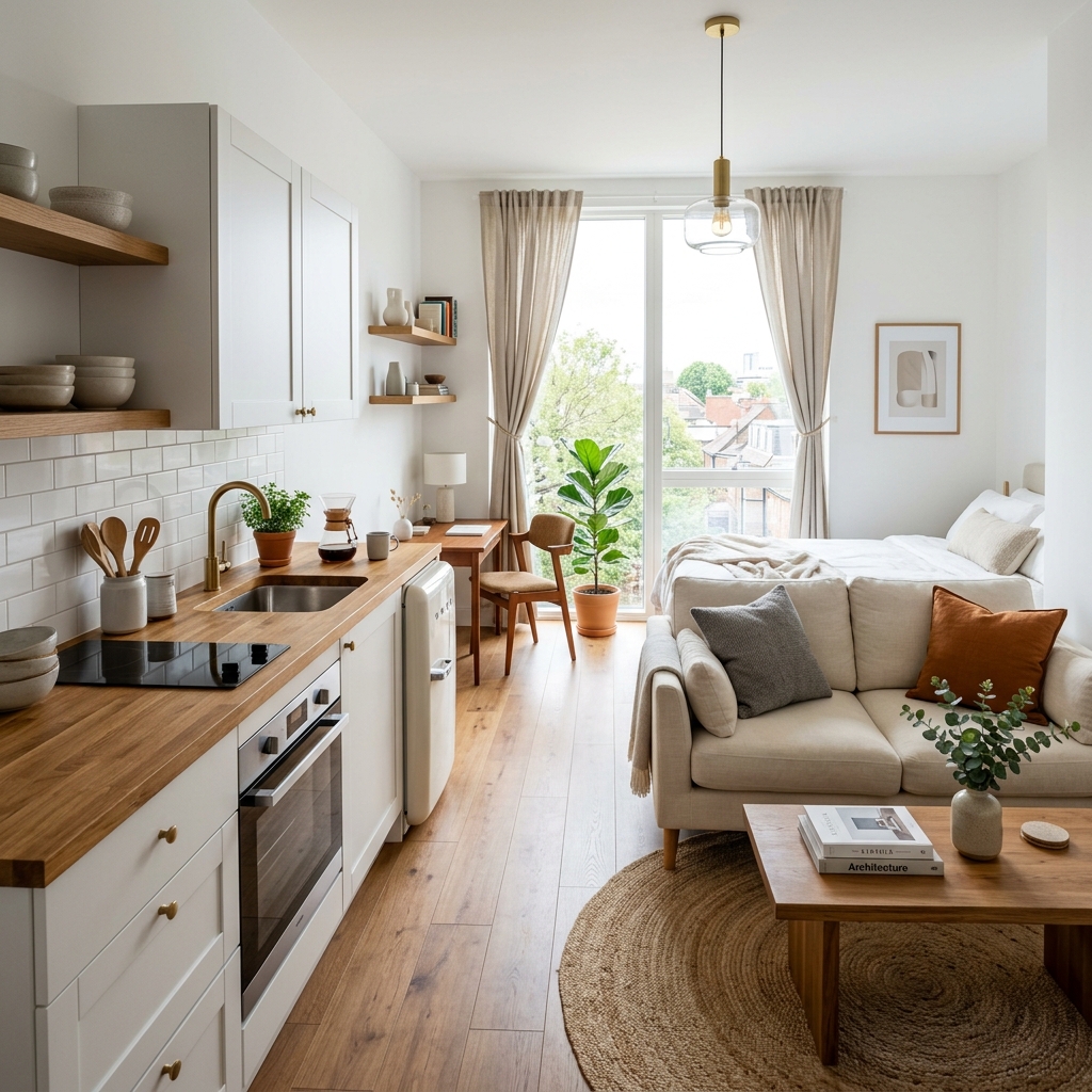 Monoambiente moderno y acogedor con detalles de madera cálida